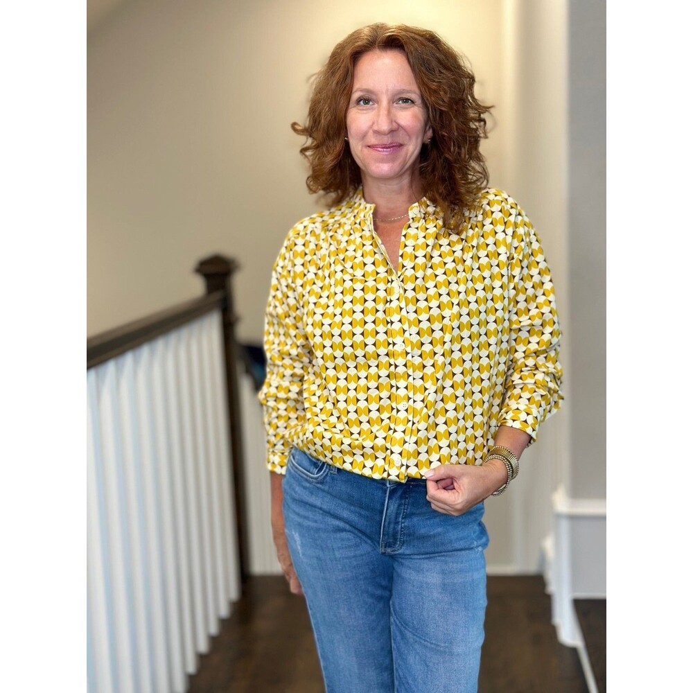 Voyageur By Mersea Aphrodite Button Up Shirt Top Printed Cotton Yellow L 280017 - Picture 1 of 9